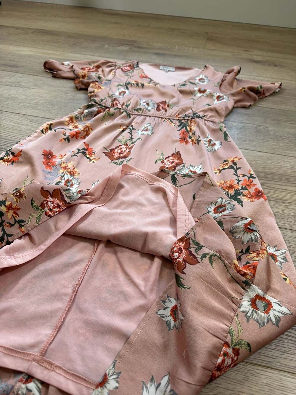 Polagram Mauve Floral Faux Wrap Midi Dress Small Flutter Sleeve Boho Cottagecore - Picture 9 of 13